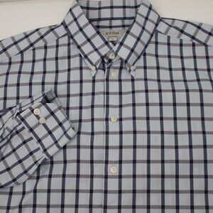 ETON Shirt Men's 17 3/4 45 Cambridge Contemporary Cotton Blue Plaid Button‎ Down